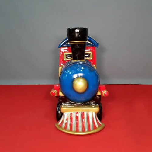 reprodução de locomotiva de brinquedo azul e vermelha nlcdeco