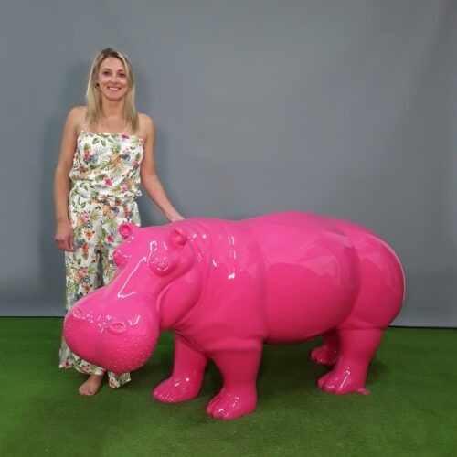 hippopotame taille réelle en résine couleur rose